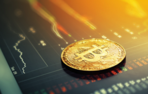 Moeda de bitcoin com gráfico de investimento ao fundo