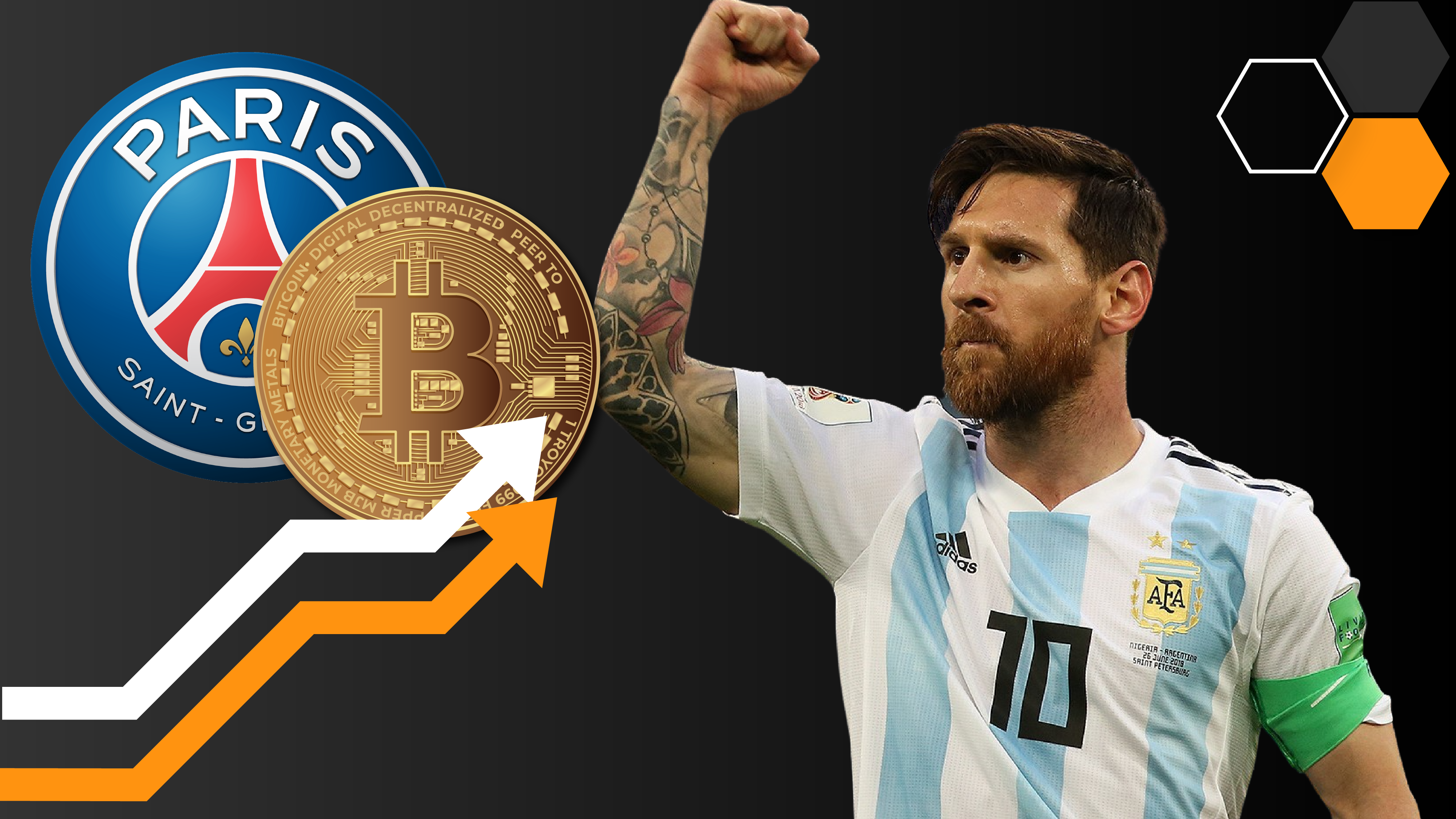 Messi com a criptomoeda do Bitcoin e escudo do PSG